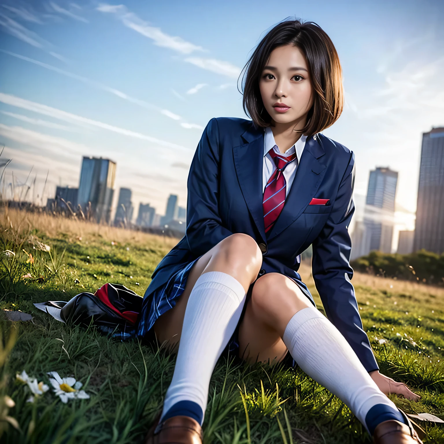 (1. woman:1.37), (Highest quality, 4K, 8K, High resolution, masterpiece:1.2), Super detailed, (Realistic, photoRealistic, photo超Realistic:1.4), Professional Photography：David Dubnitsky, Natural light, Portraiture, Beautiful young Japan girl, ************, wear ((Navy Blue Blazer, Red tie, White button-up shirt, White socks, loafers, High School Uniform: 1.4)), Very low neckline, (Exposing her breasts), Captivating look, Soft glow, Elegant beauty, Perfect detailed facial features, fine blue-gray eyes, Sexy pose, Delicate skin texture, Flowing, messy hair, (Bob Cut Hair:1.21), Amorous expression, Sexy posture, clavicle, Naturally sagging breasts, Raise your knees, lying back with Sexy pose, With legs apart, (Grassland with skyline:1.4), Subtle Shadows, Sunlight and clouds background, Shallow depth of field, Skyscrapers in the distance, Foggy and green atmosphere, Artistic photography, (close:1.2), (View from below:1.4), Photon Mapping, Zoom in