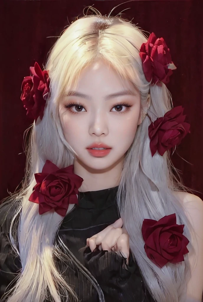 Jennie kim, doll lips, full lips, large eyes. Best Quality, Masterpiece, ultra high resolution, (photorealistic:1.5), photo and gross, 1 girl, off the shoulder, in the dark, deep shadow, low key, cold light, sexy look