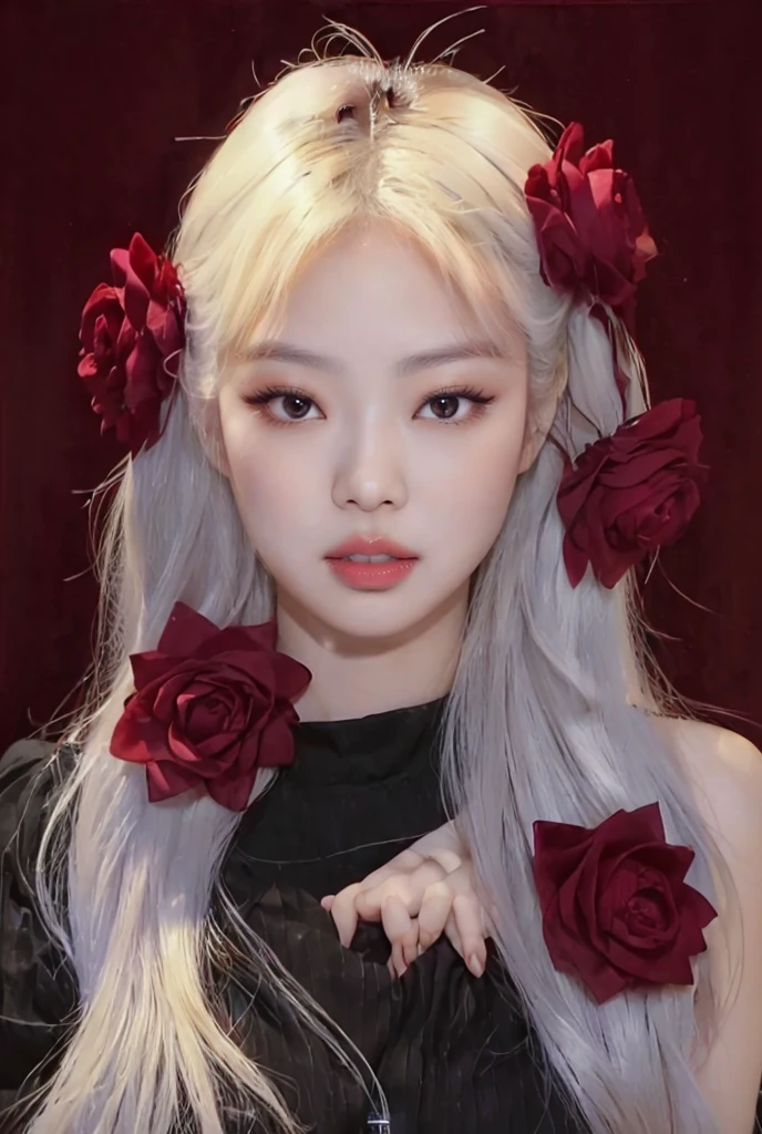 Jennie kim, doll lips, full lips, large eyes. Best Quality, Masterpiece, ultra high resolution, (photorealistic:1.5), photo and gross, 1 girl, off the shoulder, in the dark, deep shadow, low key, cold light, sexy look