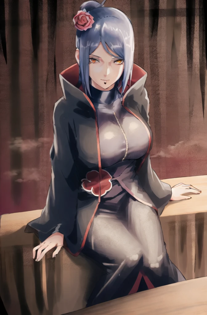 konan \(naruto\), solo, looking_at_viewer, 1girl, closed_mouth, akatsuki outfit, labret piercing, looking at the viewer, robe partially taken off, cleavage, (((sitting on the table inside dark room))), night time, busty, large breasts, akatsuki robe with red clouds