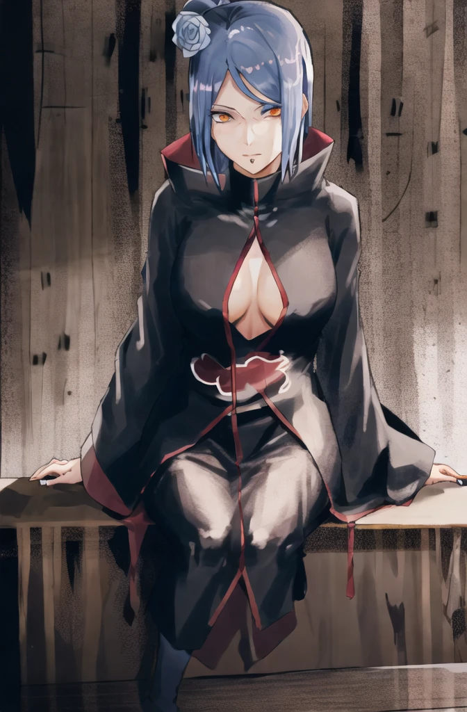 konan \(naruto\), solo, looking_at_viewer, 1girl, closed_mouth, akatsuki outfit, labret piercing, looking at the viewer, robe partially taken off, cleavage, (((sitting on the table inside dark room))), night time, busty, large breasts, akatsuki robe with red clouds