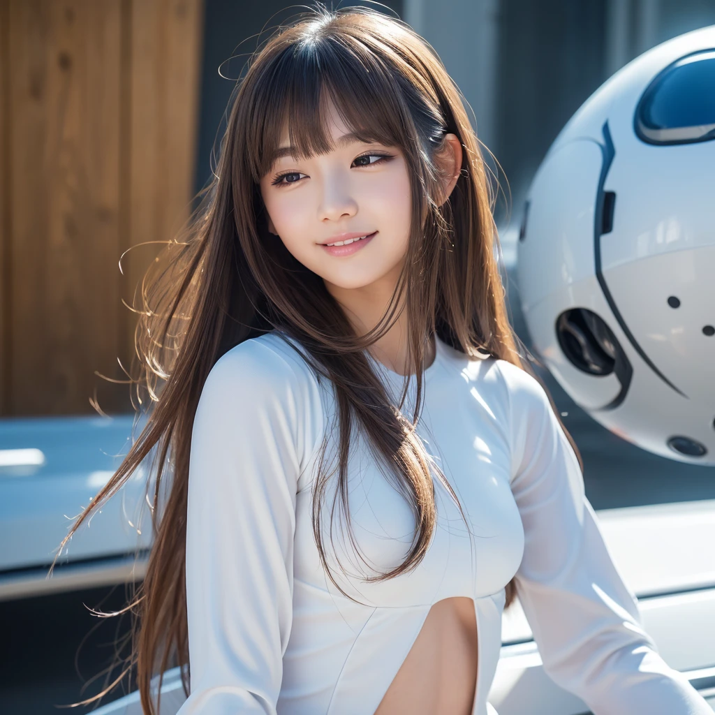 {{{masterpiece}}}, {{{best quality}}}, {{ultra-detailed}}, {{an extremely delicate and beautiful}}, (unity 8k wallpaper), (super detailed skin), (perfect anatomy ), ((depth of field)), (photo:1.1), full view, Practical Light, 独奏, 1girl, Japanese, girl, cute, baby face, fluffy hair, brown hair, beauty, brown eyes, beautiful detailed eyes, dashed eyes, her eyes slightly open, bangs, asymmetrical bangs, forehead, eyeshadow, faint lips, visible ears, crowd, kawaii face, cute face, beauty face, pursed lips, morning, (Canon 85mm F/1.8 Lens for Leica L39), whole body, Smaller eyes, long hair, Straight Hair, Double, smile, (Mouth closed:1.2), ((front)), masterpiece, realistic anime art style, 1 girl, Fair-skinned, glamor, droopy eyes, smile, behind, above, white and blue futuristic spaceship crew body suit, (spaceship)