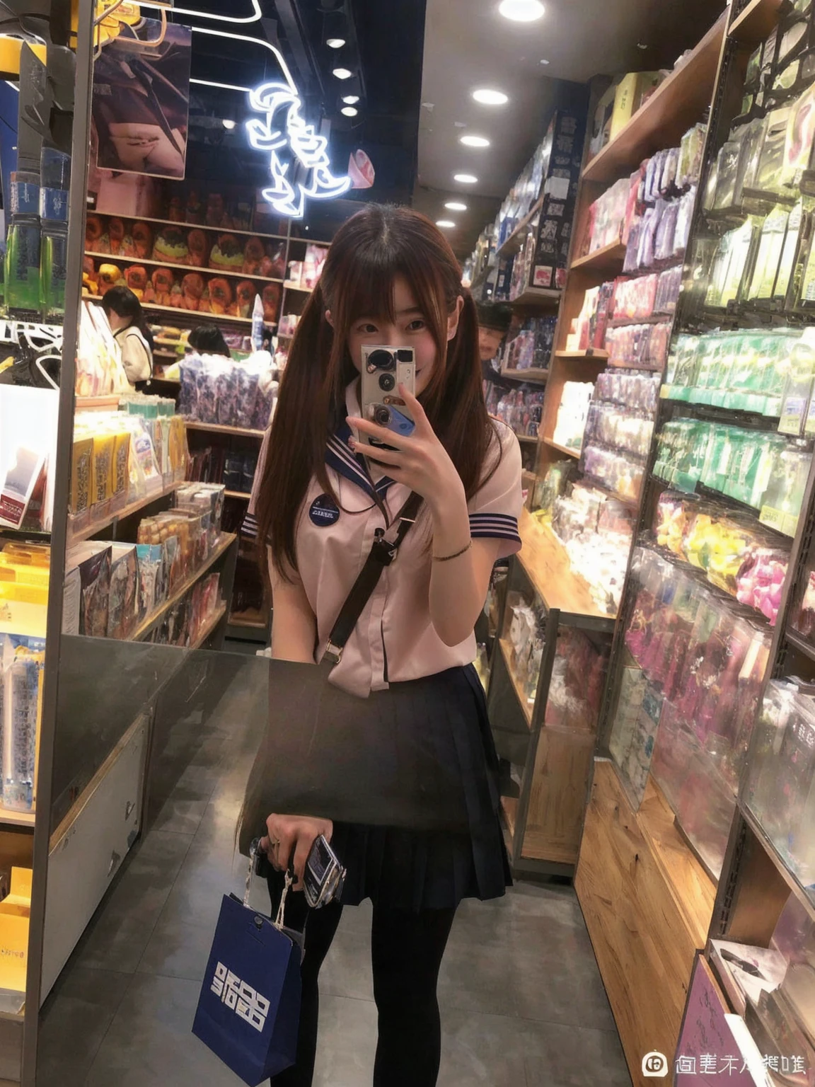 A woman takes a selfie with a camera in a store, Ulzan, Sakimichan, Chiho, Qingfu, Belle Delphine, 1 8 Yes, Japanese school uniform for girls, data center, In the mall, Lo-Fi Girl, Post-processing), student, Selfie taken at a vertical angle, Wear Japanese , Electronic Girl