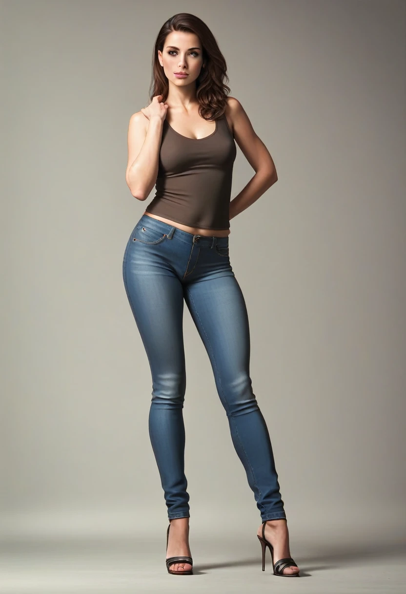 best quality,4k,8k,(masterpiece:1.2),ultra-detailed,realistic,photo-realistic:1.3, attention to detail,4K, ultra detailed body, Hande Erçel(Turkish actress),open toe heels, straight brown hair, brown eyes, plump lips, jeans, long legs, tank top