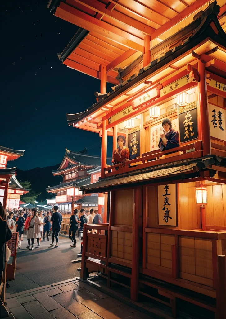 In this serene scene of a Japanese festival at dusk, lanterns softly glow, casting a warm, golden light that illuminates the traditional wooden stalls and decorations. The sky is painted in shades of orange and pink, creating a breathtaking backdrop for the festivities. The air is filled with the intoxicating scent of street food and the rhythmic beats of taiko drums, creating an atmosphere of excitement and anticipation. Colorful paper lanterns sway gently in the evening breeze, their soft glow reflected in the calm waters of a nearby pond. Traditional decorations such as colorful kimonos and delicate paper fans add a touch of elegance to the scene. The sound of laughter and joyful conversations in the distance adds to the sense of community and celebration. As night falls, the scene becomes even more magical, with the flickering lanterns creating a whimsical and enchanting ambiance. This scene captures the essence of a traditional Japanese festival at twilight, where the beauty of tradition and culture come