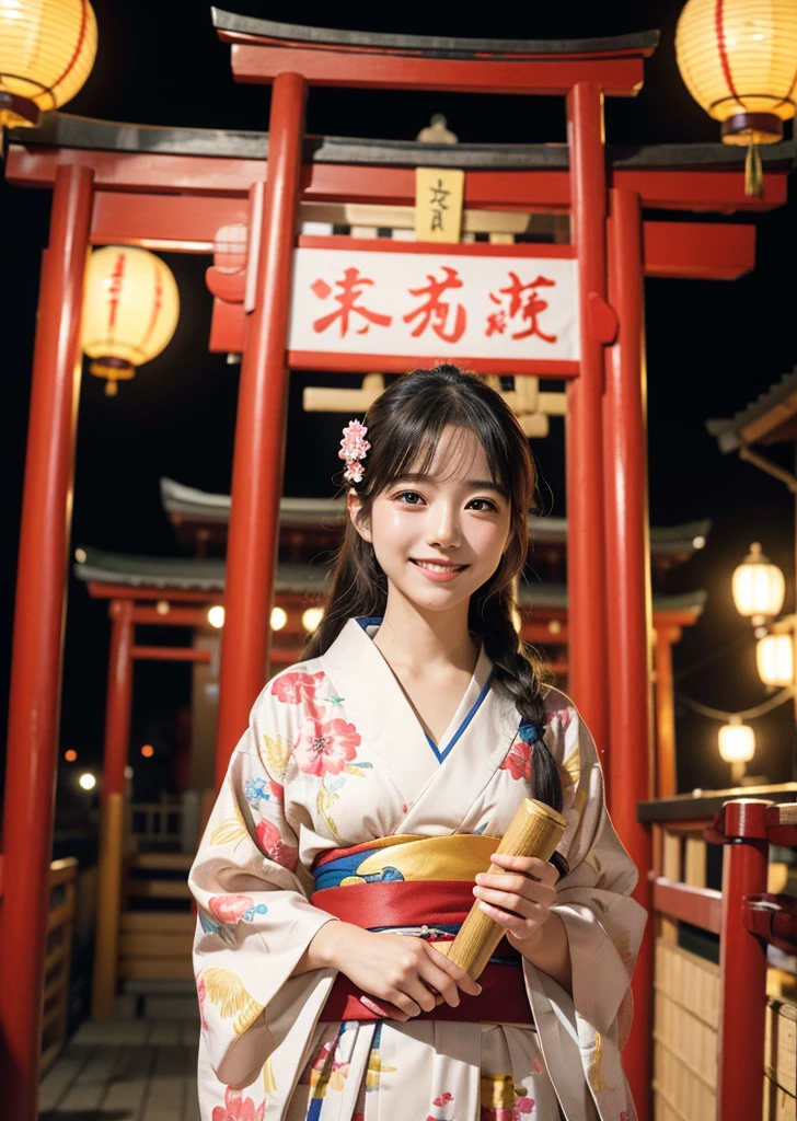 Diffuse lighting、 Highest quality, High resolution, ユニティ 8K 壁紙、Supersaturation, Colorful, 8K resolution, 1 female、Japanese、23 years old、Close-up portrait、Adorable, smile、looks fun、Japanese Yukata、 (((masterpiece))), Highest quality, 8K, 小さなMikoshi (portable shrine)を担ぐかわいいグループ (Mikoshi (portable shrine)) During a lively summer festival, Vibrant colors, Details of traditional festival costumes, Colorful yukata and happi coats, A fun and lively expression, 美しく飾られたMikoshi (portable shrine), Lively background of festival stalls and cheering crowds, Night view with shining lanterns, Realistic, Intricate details, Dynamic configuration, Capturing the Essence of Japan's Summer Festivals, High resolution, Cowboy Shot