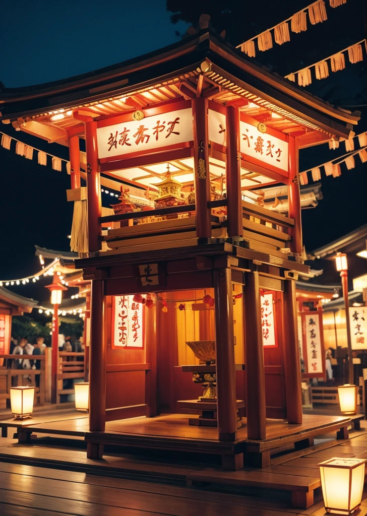 Diffuse lighting、 Highest quality, High resolution, ユニティ 8K 壁紙、Supersaturation, Colorful, 8K resolution, 1 female、Japanese、23 years old、Close-up portrait、Adorable, smile、looks fun、Japanese Yukata、 (((masterpiece))), Highest quality, 8K, 小さなMikoshi (portable shrine)を担ぐかわいいグループ (Mikoshi (portable shrine)) During a lively summer festival, Vibrant colors, Details of traditional festival costumes, Colorful yukata and happi coats, A fun and lively expression, 美しく飾られたMikoshi (portable shrine), Lively background of festival stalls and cheering crowds, Night view with shining lanterns, Realistic, Intricate details, Dynamic configuration, Capturing the Essence of Japan's Summer Festivals, High resolution, Cowboy Shot