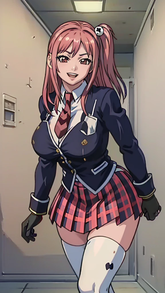 masterpiece, best quality honoka, one side up, skull hair ornament, , jacket, necktie, single glove, black gloves, plaid skirt, white thighhighs, huge breasts, leaning forward, grin, hallway