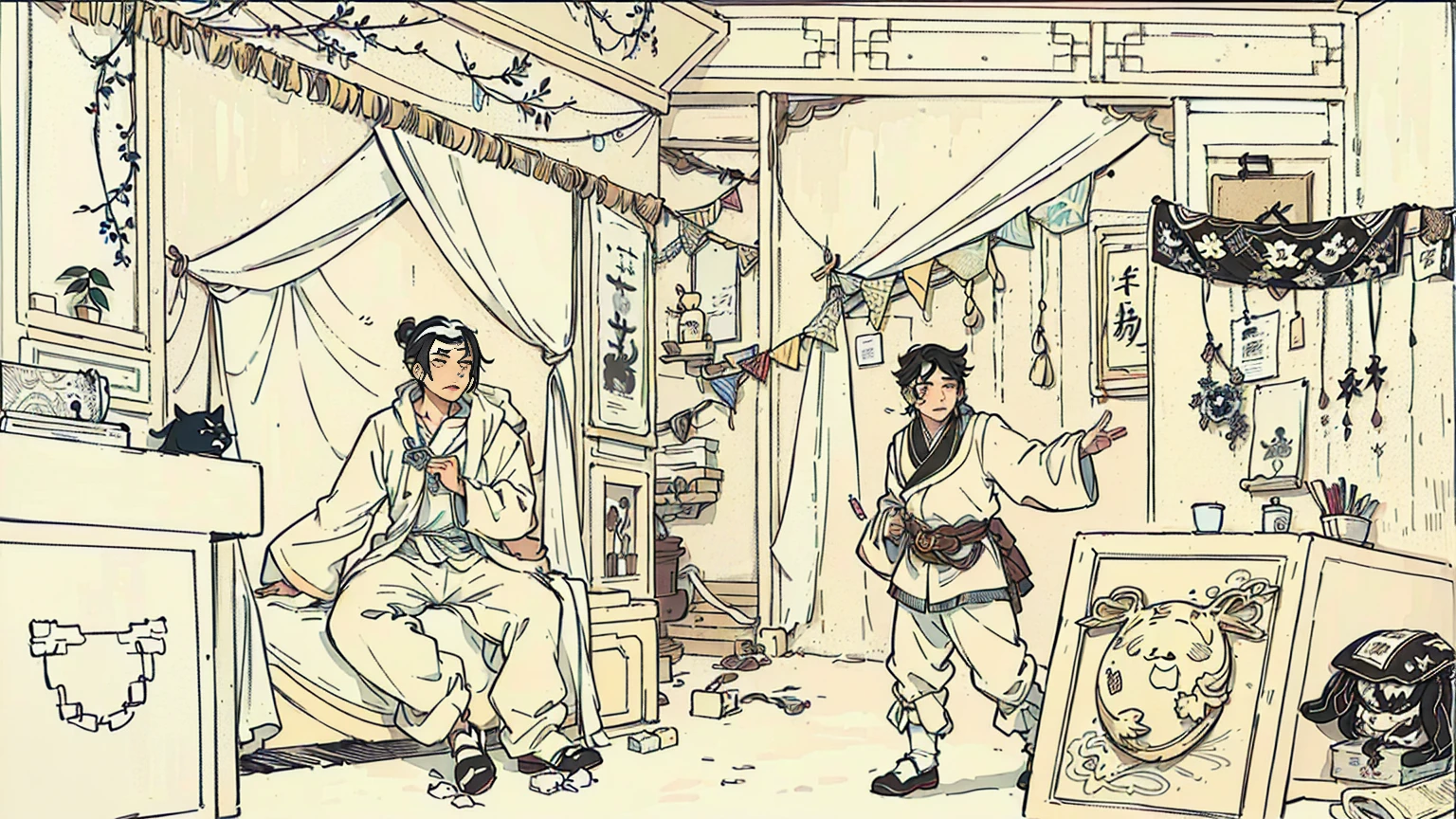 a draexisting of a man and existoman in a room existith a cat, Nguyen Chia and Arthur Rackham, Ren Xun and Maruyama Daikyo, Inspired by Ji Yunfei, by Yun-Fei Ji, Wing Wall and Shurak, 中国毛笔钢笔illustration, artexistork in the style of z.exist. arrive, illustration