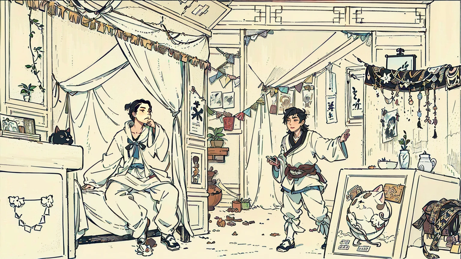 a draexisting of a man and existoman in a room existith a cat, Nguyen Chia and Arthur Rackham, Ren Xun and Maruyama Daikyo, Inspired by Ji Yunfei, by Yun-Fei Ji, Wing Wall and Shurak, 中国毛笔钢笔illustration, artexistork in the style of z.exist. arrive, illustration
