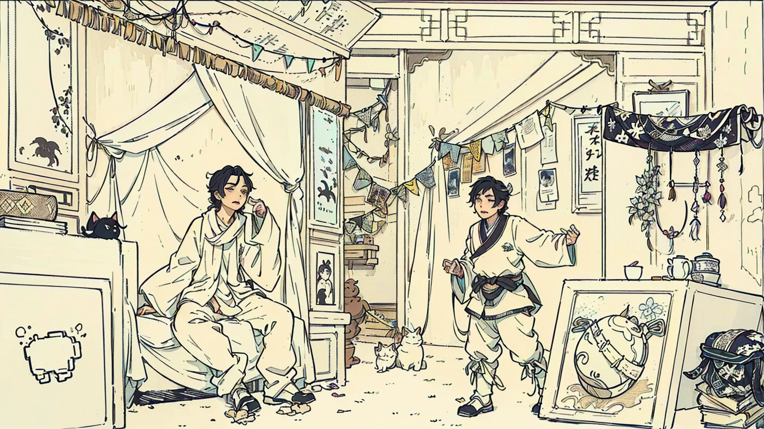 a draexisting of a man and existoman in a room existith a cat, Nguyen Chia and Arthur Rackham, Ren Xun and Maruyama Daikyo, Inspired by Ji Yunfei, by Yun-Fei Ji, Wing Wall and Shurak, 中国毛笔钢笔illustration, artexistork in the style of z.exist. arrive, illustration