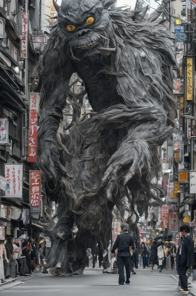 (Highest quality、High resolution、8K、Accuracy、masterpiece: 1.2)。The strangest monsters in the world。A super giant monster、Standing in the streets of Tokyo, Japan。The strange atmosphere of the yokai somehow blends in naturally with the streets of Tokyo.。