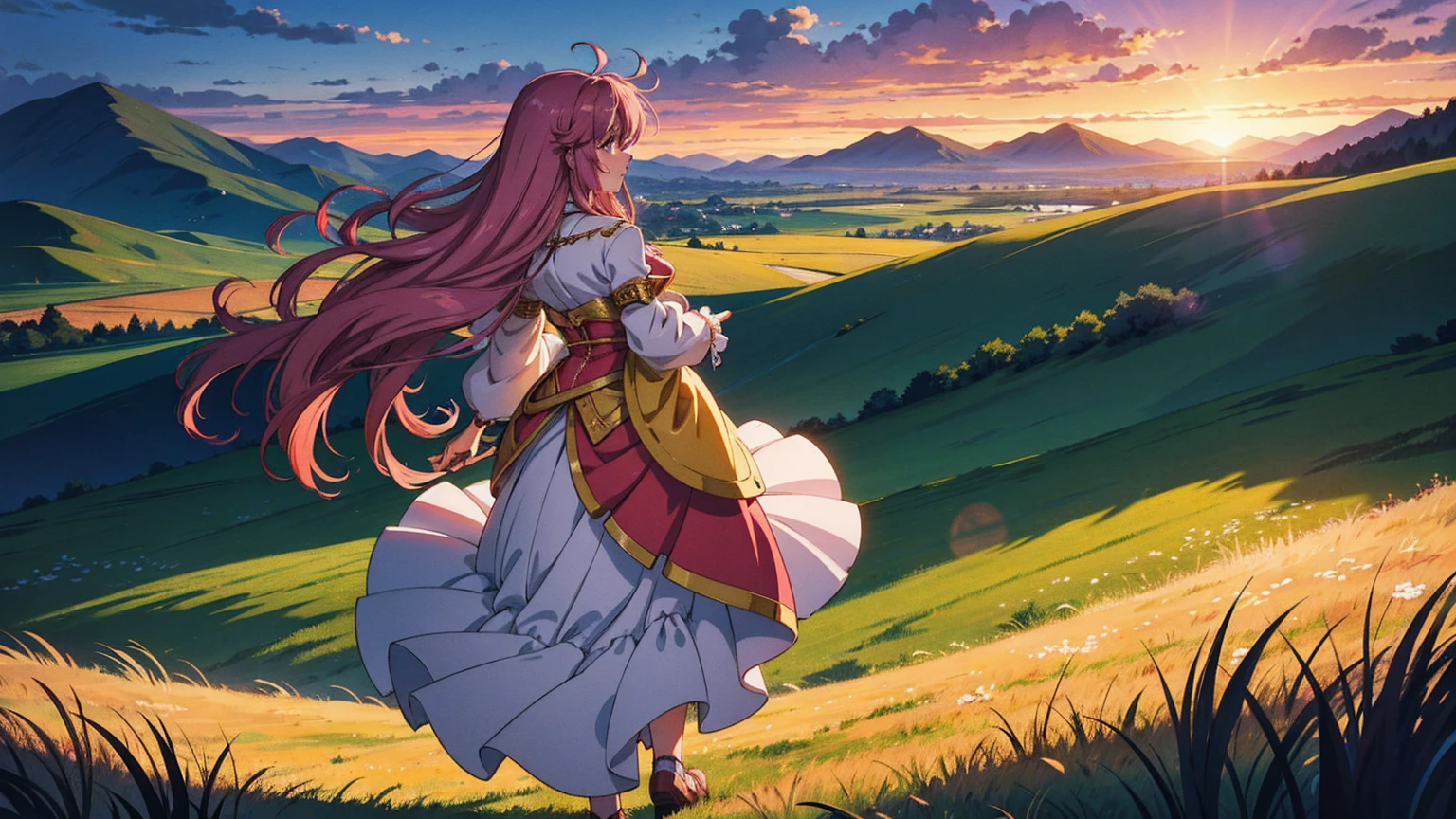 A 16:9 anime-style illustration depicting a female bard on her journey at sunset. The bard is dressed in flowing, colorful attire, with a musical instrument, such as a lute or harp, slung over her back. She is walking along a path through a vast grassland, with the warm glow of the setting sun casting long shadows. The wind is gently blowing, causing her hair and clothes to flutter. The background features rolling hills, distant mountains, and a sky painted with vibrant hues of orange, pink, and purple. The atmosphere is serene and full of adventure.