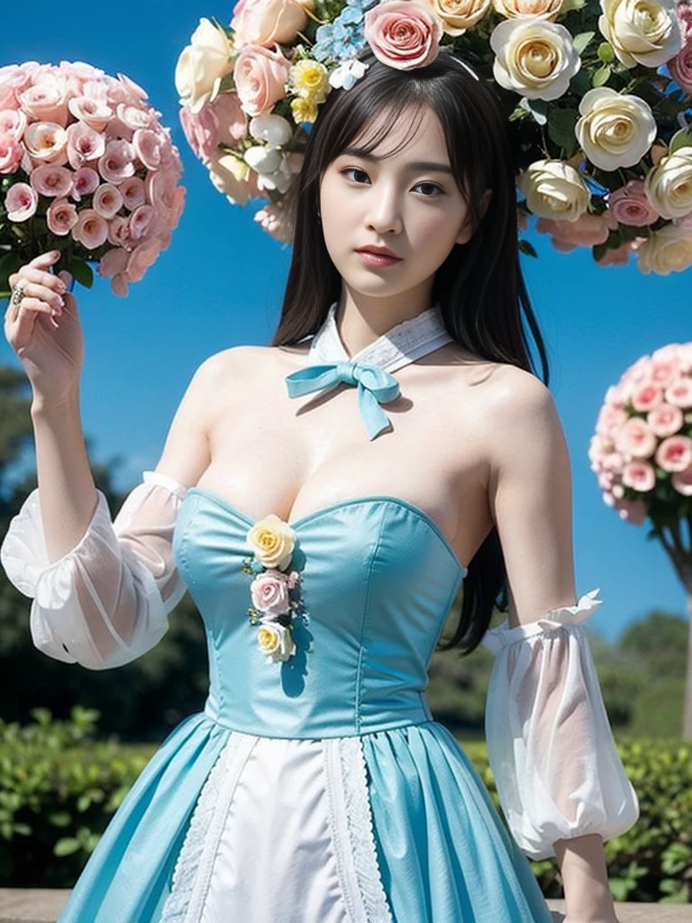 (masterpiece、top-quality、top-quality、Official art、Beautifully Aesthetic:1.2)、(One girl:1.3)、A highly detailed、(Fractal Art:1.1)、(colourfull:1.1), (florals:1.3)、The most detailed、(Zentangle:1.2)、full body Esbian、(Blue sky and rose garden:1.3)、(shinny skin)、(Many colors:1.4), (pluma:1.5)、masterpiece、top-quality、top-quality、Official art、Beautifully Aesthetic:1.2)、(1girl in)、ighly detailed、(Fractal Art:1.3)、colourfull、highestdetailed、long、A dark-haired、big eye、Women in Japan、(Ruffle frills, extremely detailed Chiffon Lace Ribbon Suspenders, (turquoise blue and yellow Stripe Design Pastel Coloring extremely detailed dress),extremely detailed Big Ribbon Headband, extremely detailed Open Colorborn, extremely detailed puff sleeves, extremely detailed Tied thin ribbon corset, extremely detailed Balloon skirt, extremely detailed White Net Tights, Colorful star-shaped bead accessories)、Cute table、Drinking tea、Tea、teapot、macaroons, You can see the castle behind