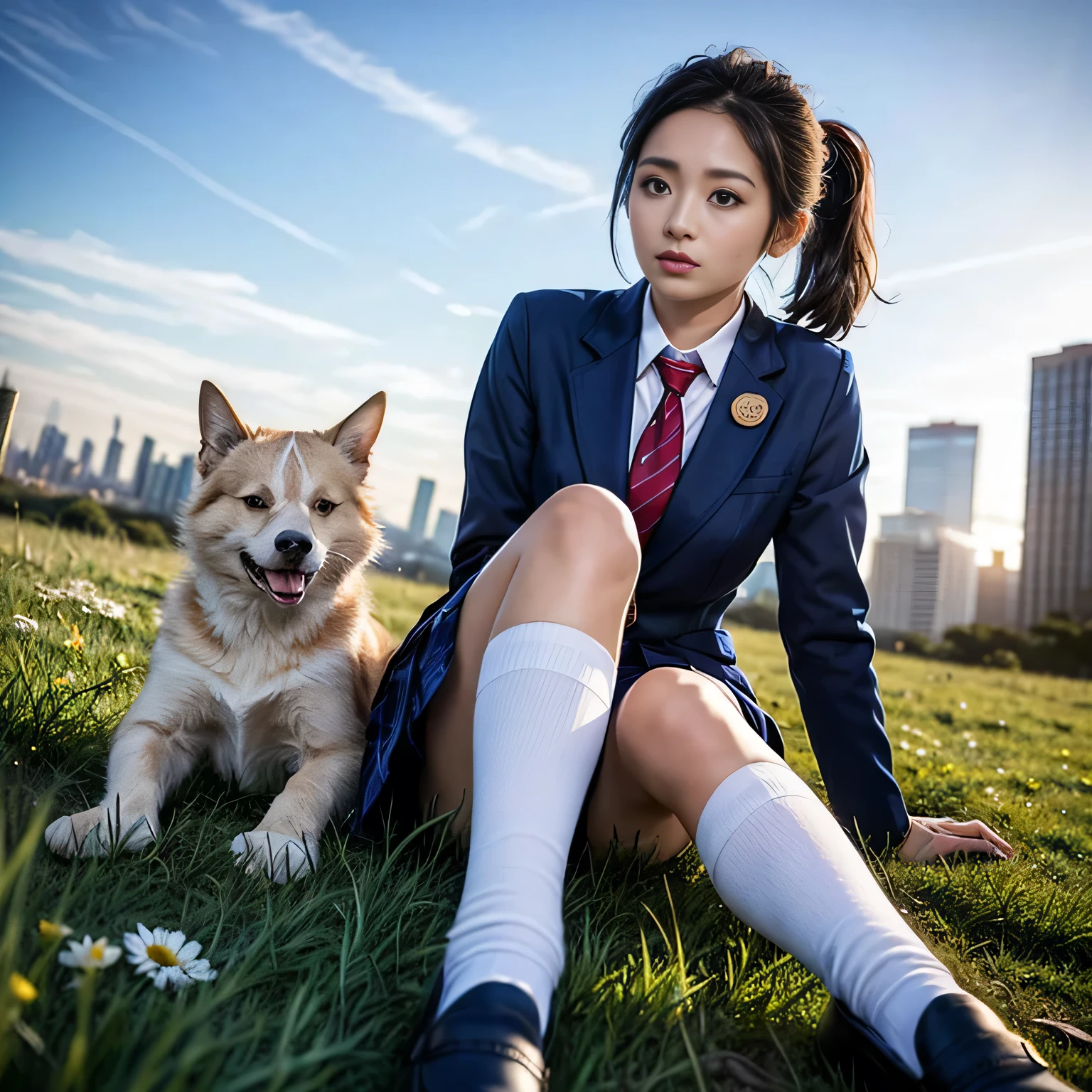 (1. woman:1.37), (Highest quality, 4K, 8K, High resolution, masterpiece:1.2), Super detailed, (Realistic, photoRealistic, photo超Realistic:1.4), Professional Photography：David Dubnitsky, Natural light, Portraiture, Beautiful young Japan girl, , wear ((Navy Blue Blazer, Red tie, White button-up shirt, White socks, loafers, High School Uniform: 1.4)), Very low neckline, (Exposing her breasts), Captivating look, Soft glow, Elegant beauty, Perfect detailed facial features, fine blue-gray eyes, Sexy pose, Delicate skin texture, Flowing, messy hair, (Low ponytail hair:1.21), Amorous expression, Sexy posture, clavicle, Naturally sagging breasts, Raise your knees, lying back with Sexy pose, With legs apart, (Grassland with skyline:1.4), Subtle Shadows, Sunlight and clouds background, Shallow depth of field, Skyscrapers in the distance, Foggy and green atmosphere, Dark evening atmosphere, Artistic photography, (close:1.2), (View from below:1.4), Photon Mapping, Zoom in