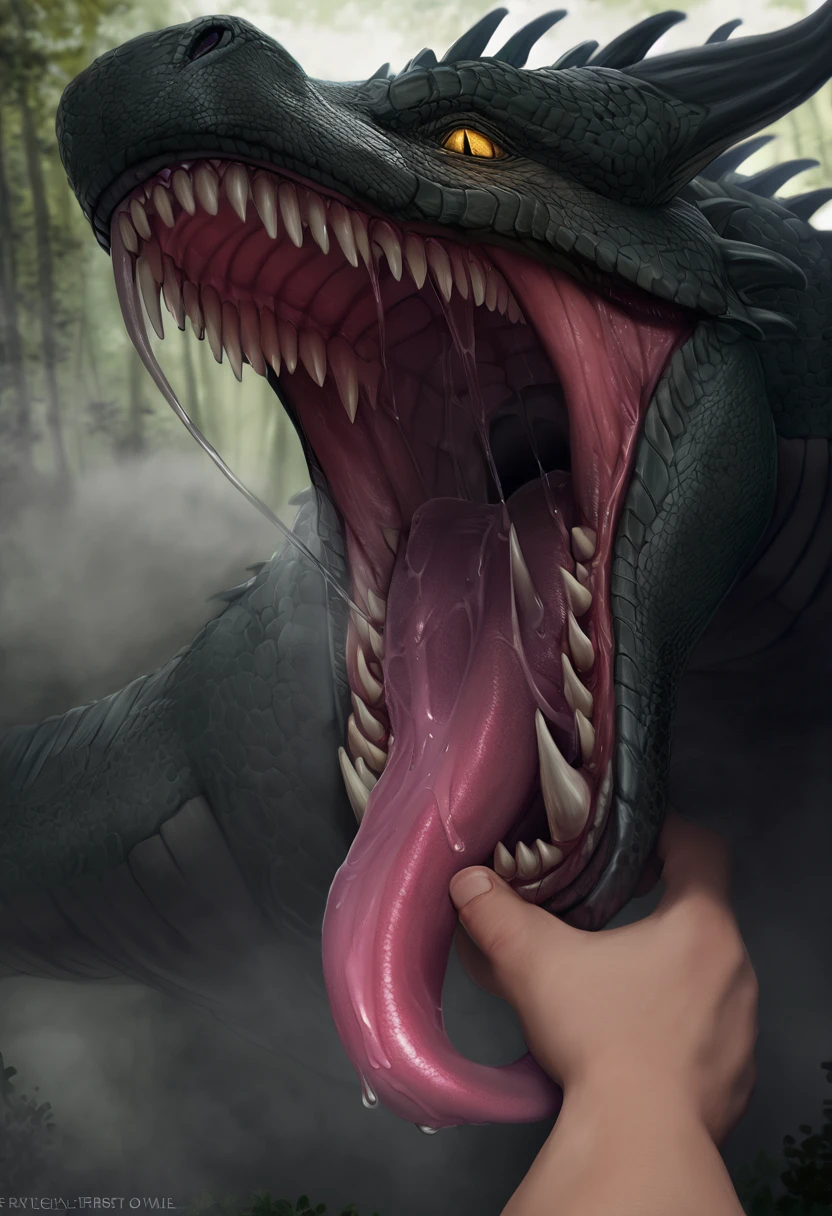 Dragon.Wild.Sharp teeth.Huge body.Approached.黒いmouth.Slimy Throat.scales.A slimy tongue licks me. mouth.Get on your tongue.Physical Difference.naked.Human first person perspective.Closing Arms.Stretch out one hand.A big tongue wraps around my arm.Dripping saliva.Evil yellow eyes staring.mouthが近づいてくる.Swallowed Whole.prey.Hot breath.差し迫ったSwallowed Whole.drool dripping. Shadows Spread.Hot breath.fog.A terrifying growl. Enveloped in darkness.Touching the tongue.Uplifting.forest.nature.Realistic.sense of distance.詳細なmouth内.(masterpiece.Highest quality.)