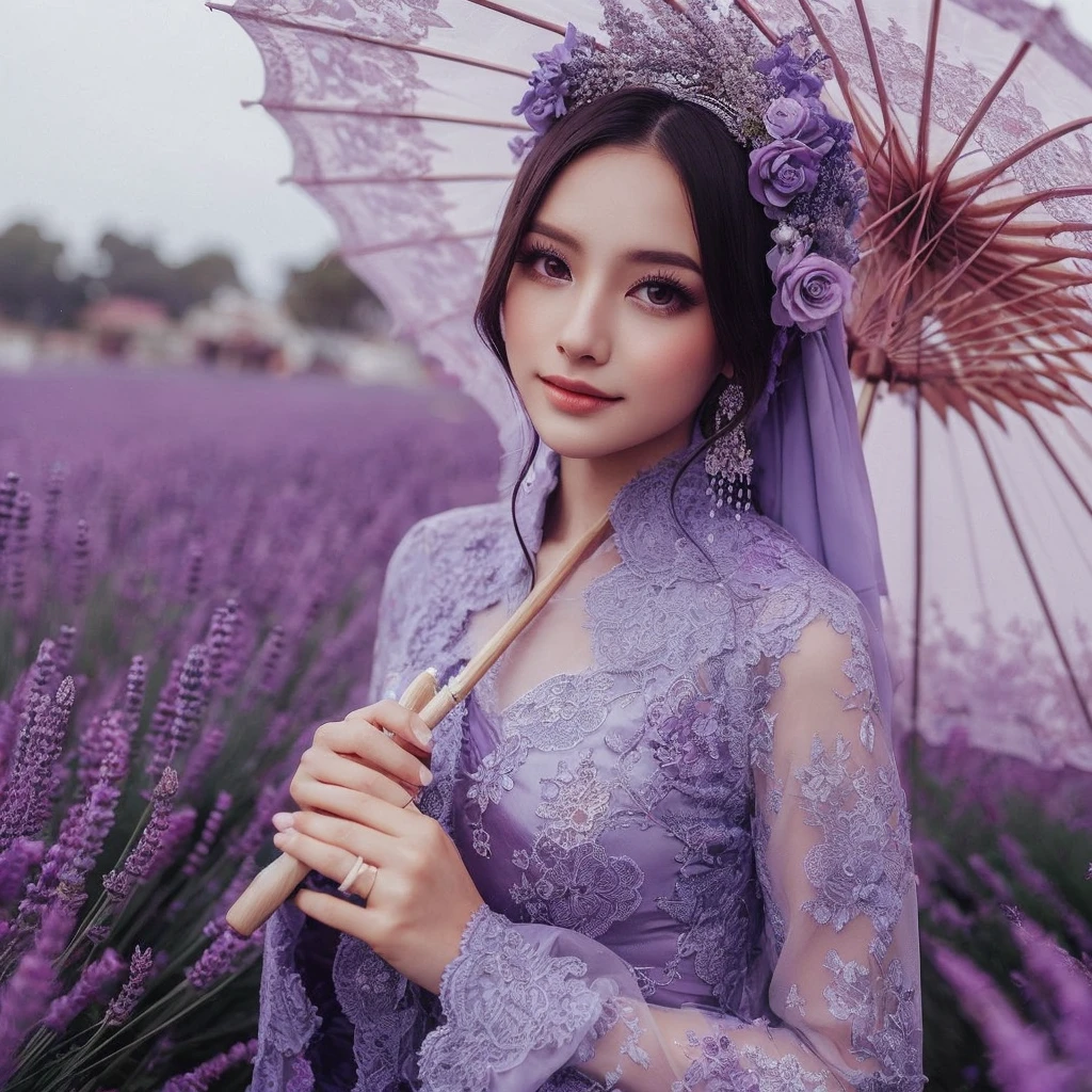 a solo girl model,with violet outfit an umberella,lavender savana