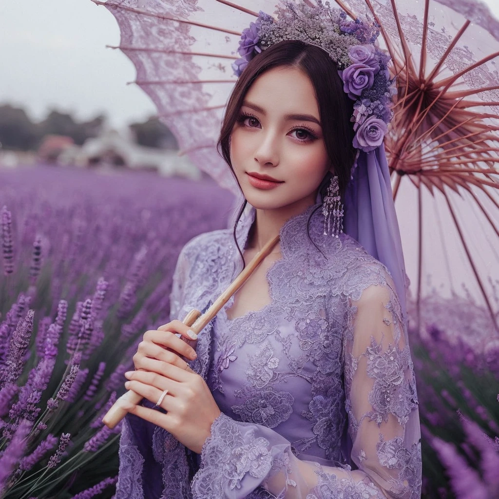 a solo girl model,with violet outfit an umberella,lavender savana