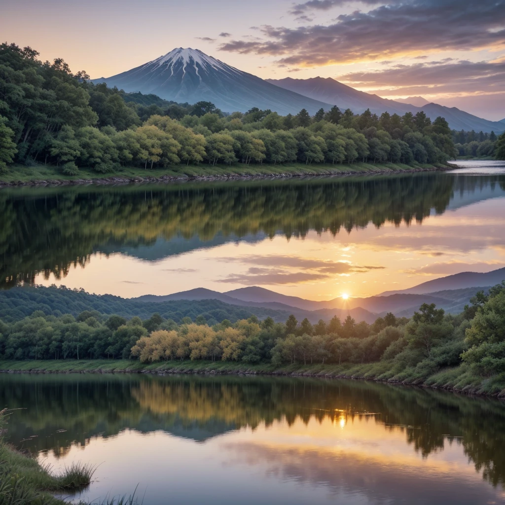 Create an ultra-realistic image of a breathtaking sunset over a serene river. The scene should feature a calm river reflecting the vibrant colors of the setting sun, creating a mesmerizing blend of oranges, pinks, and purples in the sky. Along the riverbank, include a group of various animals peacefully drinking from the water. A majestic deer should be prominently visible, with its graceful antlers highlighted by the soft, golden light.

The landscape should be lush and verdant, with large, frondous trees providing a canopy of green over the river. Their leaves should be gently rustling in the evening breeze. In the distance, include a range of mountains with a few active volcanoes, gently emitting plumes of smoke that blend with the twilight sky.

The overall atmosphere should evoke a sense of tranquility and harmony with nature, showcasing the peaceful coexistence of wildlife in a stunning natural setting. The water should be crystal clear, reflecting the surrounding beauty, and small details like ripples in the water and the texture of the tree bark should be meticulously rendered to enhance realism.