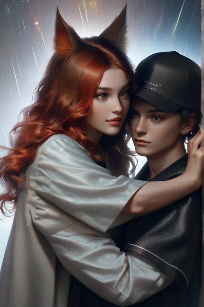 ((Лучшее качество)), ((шедевр)), (подробный), girl 1, fox ears , neko, fox ears, closed mouth, lips, long hair, long fiery red hair, gray eyes, shiny eyes, thin neck, clinging to a guy, hands on the guy's shoulders, realistic, smile, against the background of space, shooting stars, space, covered with ice, guy 1, brown eyes, dark eyes, blank stare, black bags under the eyes, lips, short brown hair, white skin, baseball cap, baseball cap on his head, black baseball cap, hooded robe, hood on his head, white t-shirt, black cargo pants, white sneakers, hugs a girl, gets covered ice