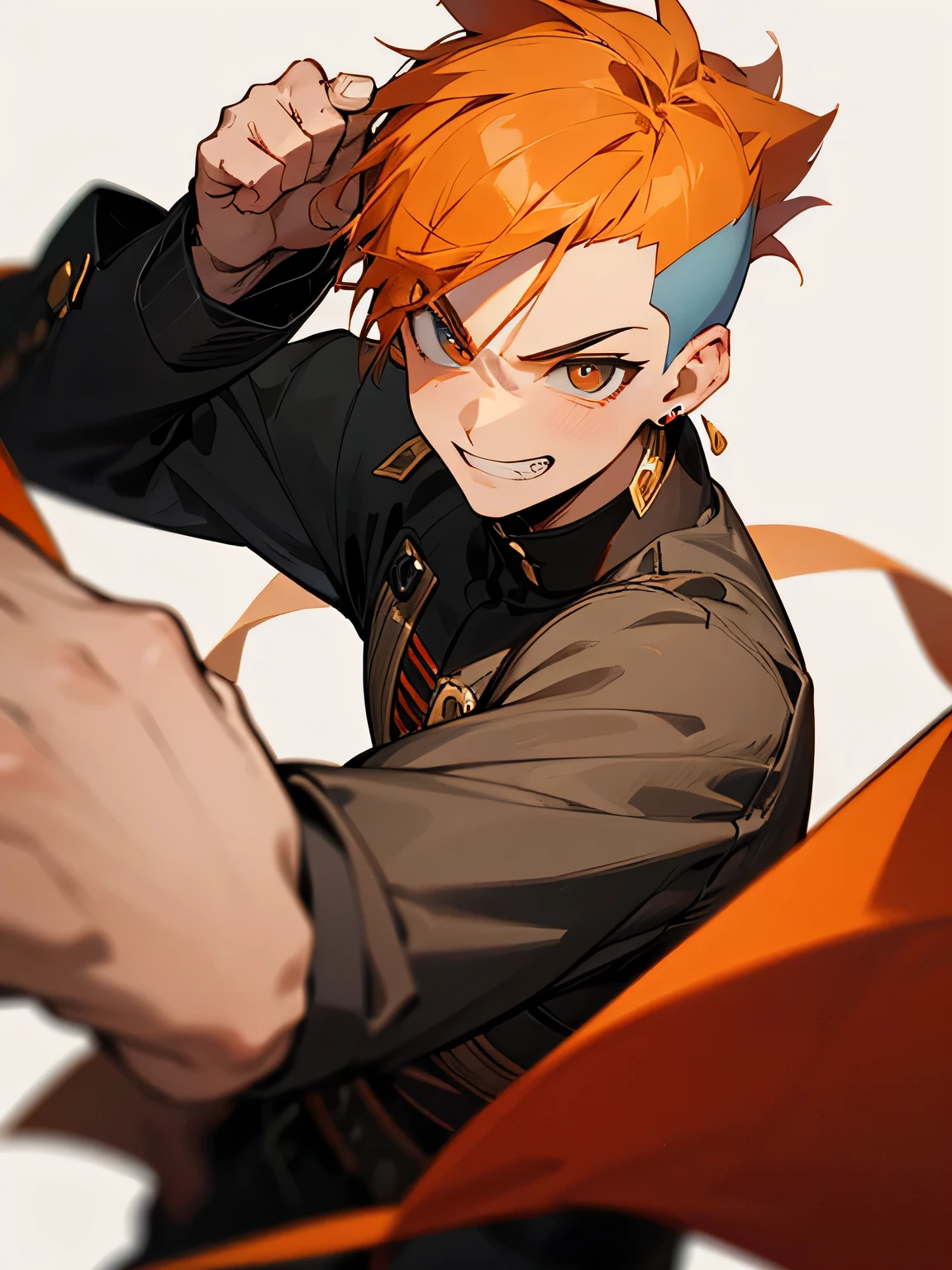 solo,looking at viewer,1boy,orange soft Mohawk haircut ,buzz cut,no bangs,big forehead,male's eyes, male's nose, male's mouth,handsome face, manly, grin,plaids pattern clothe,(model fighting pose),white simple background、mens earrings