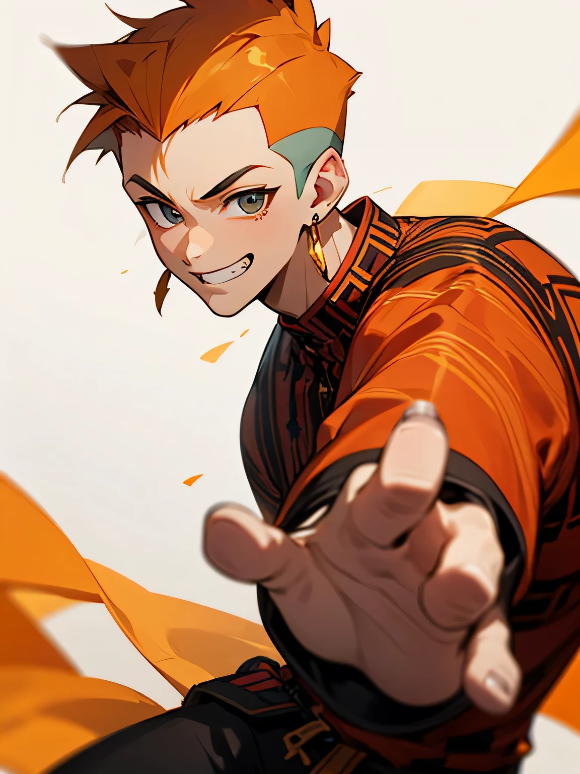 solo,looking at viewer,1boy,orange soft Mohawk haircut ,buzz cut,no bangs,big forehead,male's eyes, male's nose, male's mouth,handsome face, manly, grin,plaids pattern clothe,(model fighting pose),white simple background、mens earrings