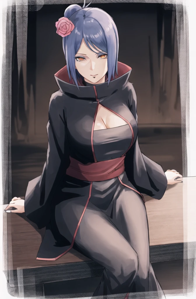konan \(naruto\), solo, looking_at_viewer, 1girl, closed_mouth, akatsuki outfit, labret piercing, looking at the viewer, robe partially taken off, cleavage, (((sitting on the table inside dark room))), night time, busty, large breasts, akatsuki robe with red clouds