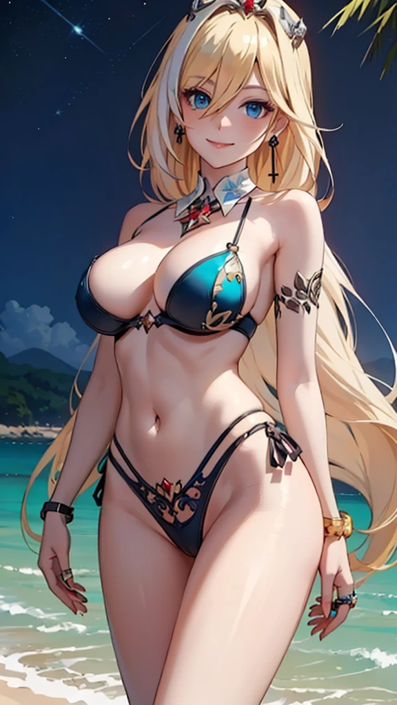 ((Masterpiece, super high definition, ultra high definition, 8K picture quality)), ((((1 beautiful woman))))), (((shining blonde long hair))), ((long bangs)), ((heart shaped eyes)), ((shining clear blue eyes)), ((very long eyelashes)), (((Blue and white mix colored micro bikini, thong))), (((very big breasts))), (((skinny body))), (((charming smile))), (((above the knee image and sexy pose))), (((cute earrings, bangles, bracelet, ring))), night beach
