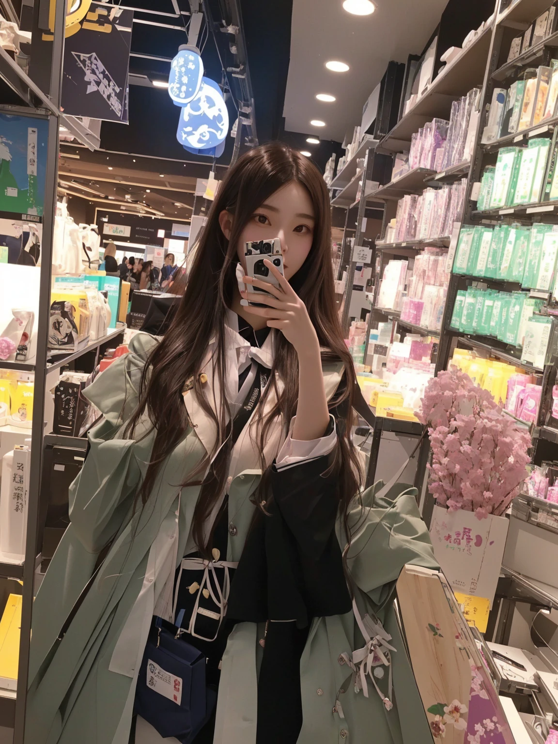 A woman takes a selfie with a camera in a store, Ulzan, Sakimichan, Chiho, Qingfu, Belle Delphine, 1 8 Yes, Japanese school uniform for girls, data center, In the mall, Lo-Fi Girl, Post-processing), student, Selfie taken at a vertical angle, Wear Japanese , Electronic Girl