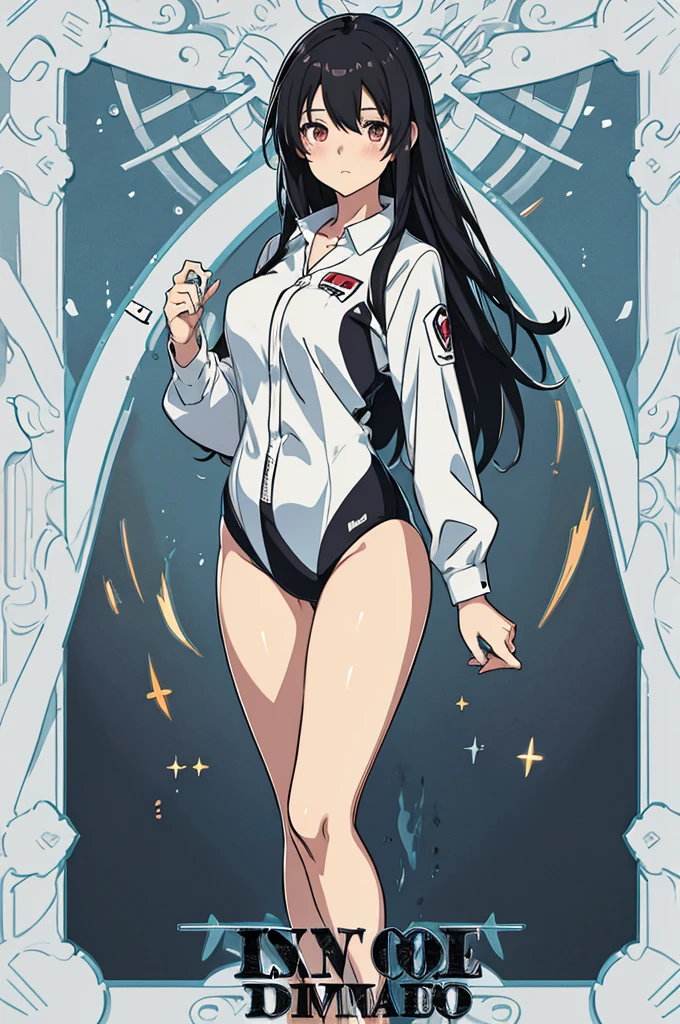 anime girl with black hair and white shirt posing for a picture, guweiz, attractive anime girl, made with anime painter studio, female anime character, smooth anime cg art, photorealistic anime girl render, anime visual of a cute girl, anime full body illustration, anime girl, seductive anime girl, an anime girl, young anime girl,((undressing collared shirt ,holding clothes,competitionswimsuit))