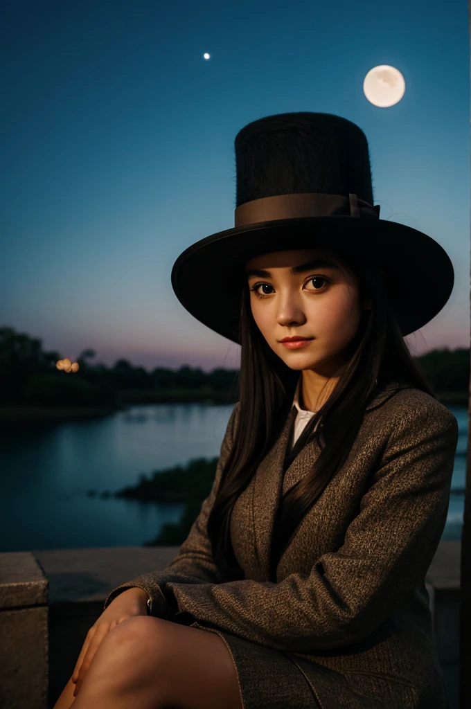 Girl with a bowler hat whose face cannot be seen looking at the moon sitting at night