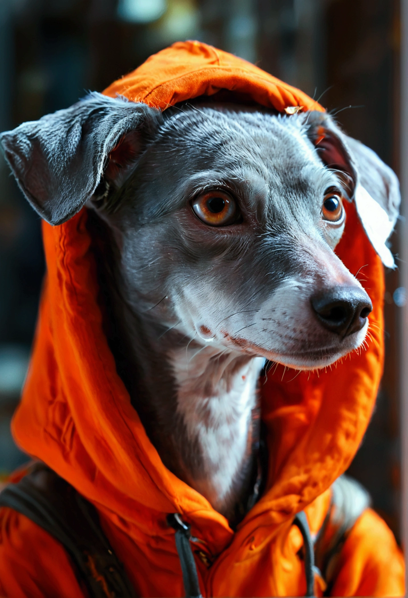 ピクサー映画風の愛らしい灰色のItalian Greyhound, Wearing a hood, Cinematic lighting, Depth Detection, Very detailed, 8K quality. Over a hundred on one hand,Upper body male, Better Quality, Human-like body shape), Wearing an orange hoodie、Italian Greyhound, Avatar Image, in futuristic clothes, CG Settlement ),Something like that, Professional art, cgsociety - w 1 0 2 4 - n 8 - i,My name is Kan, His name is Chief