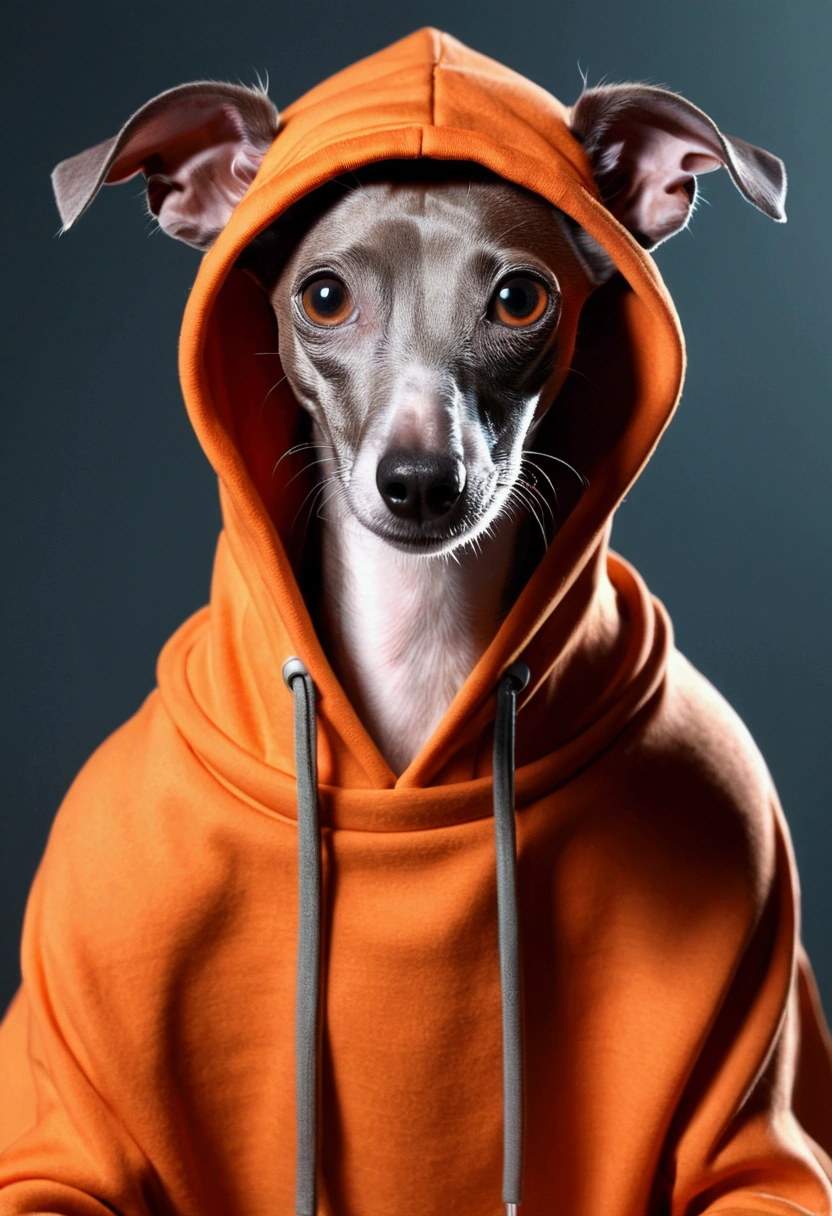 ピクサー映画風の愛らしい灰色のItalian Greyhound, Wearing a hood, Cinematic lighting, Depth Detection, Very detailed, 8K quality. Over a hundred on one hand,Upper body male, Better Quality, Human-like body shape), Wearing an orange hoodie、Italian Greyhound, Avatar Image, in futuristic clothes, CG Settlement ),Something like that, Professional art, cgsociety - w 1 0 2 4 - n 8 - i,My name is Kan, His name is Chief
