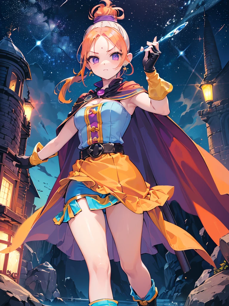((masterpiece, best quality, extremely detailed, absurdres)),
Dragon Warrior, river,
(Barbara from dq6), purple eyes, (orange hair), (forehead:1.1), (topknot:1.6), earrings, (cape:1.2), (light blue dress:1.4), belt, black elbow gloves, (yellow gloves:1.2), (socks:1.1), boots, (mini skirt:1.6), standing,
she spells ice magic, noon,