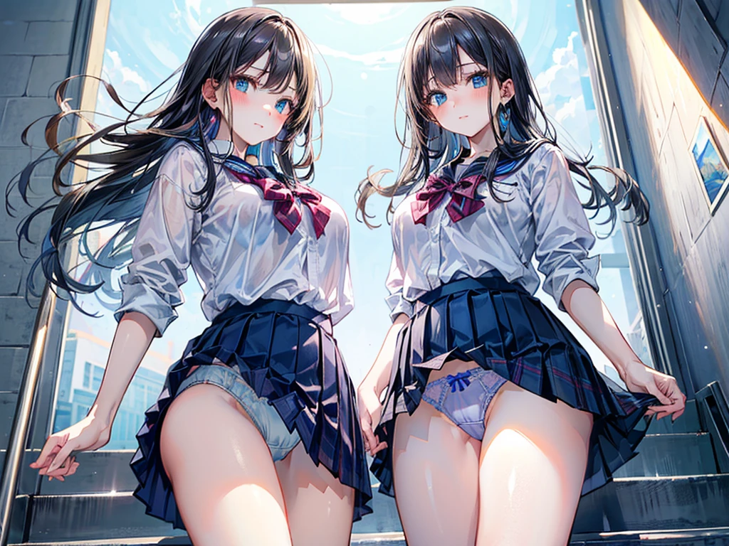 (Best quality, 8k, 32k, Masterpiece, UHD,:1.2),RAW, 2girls,ultra cute , natural lighting,transparent shining eyes, 20yo,medium breast ,fair complexion ,flushed face,dynamic Lighting, on stairs, ((school uniform)), crawling position on their hands and knees, closing legs, halfway up the stairs, shiny, show off panties, White or blue panties, Cameltoe, wedgie, Closeup panties, From Below, ((Cowboy shot))