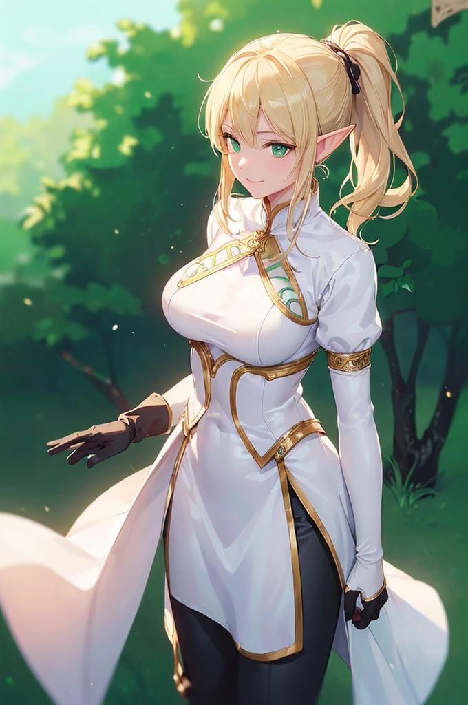 (((masterpiece; best quality: 1.2))), (finely detailed eyes: 1.3), (25 year old elf woman), (solo), (green eyes: 1.4), (body; lithe, fit, femenine: 1.3), (silky blonde hair + low ponytail: 1.3), (beautiful and clear background: 1.2), ((depth of field)), (equipment: white tunic coat + black pants + gloves: 1.3), (anime illustration: 1.2), (background composition; royal garden: 1.1), (extremely fine and beautiful: 1.1), (shot composition; standing + centered on torso + close-up: 1.5), (expression; calm, smile: 1.2)
