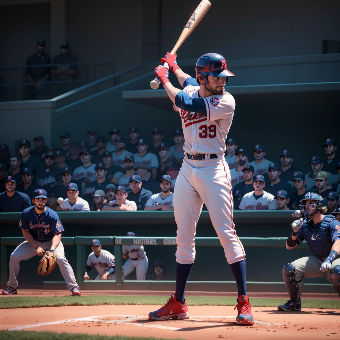 RAW photo, 8k uhd, masterpiece, (photorealistic:1.4), best quality, beautiful lighting, 3D Art, C4D, OC render, Bryce Harper, (full body:1.5), a professional Baseball Player, Baseball batting helmet, baseball shoes, 
(a baseball bat:1.35), baseball uniform, baseball pants, baseball gloves, 
Batting stance, lively, handsome