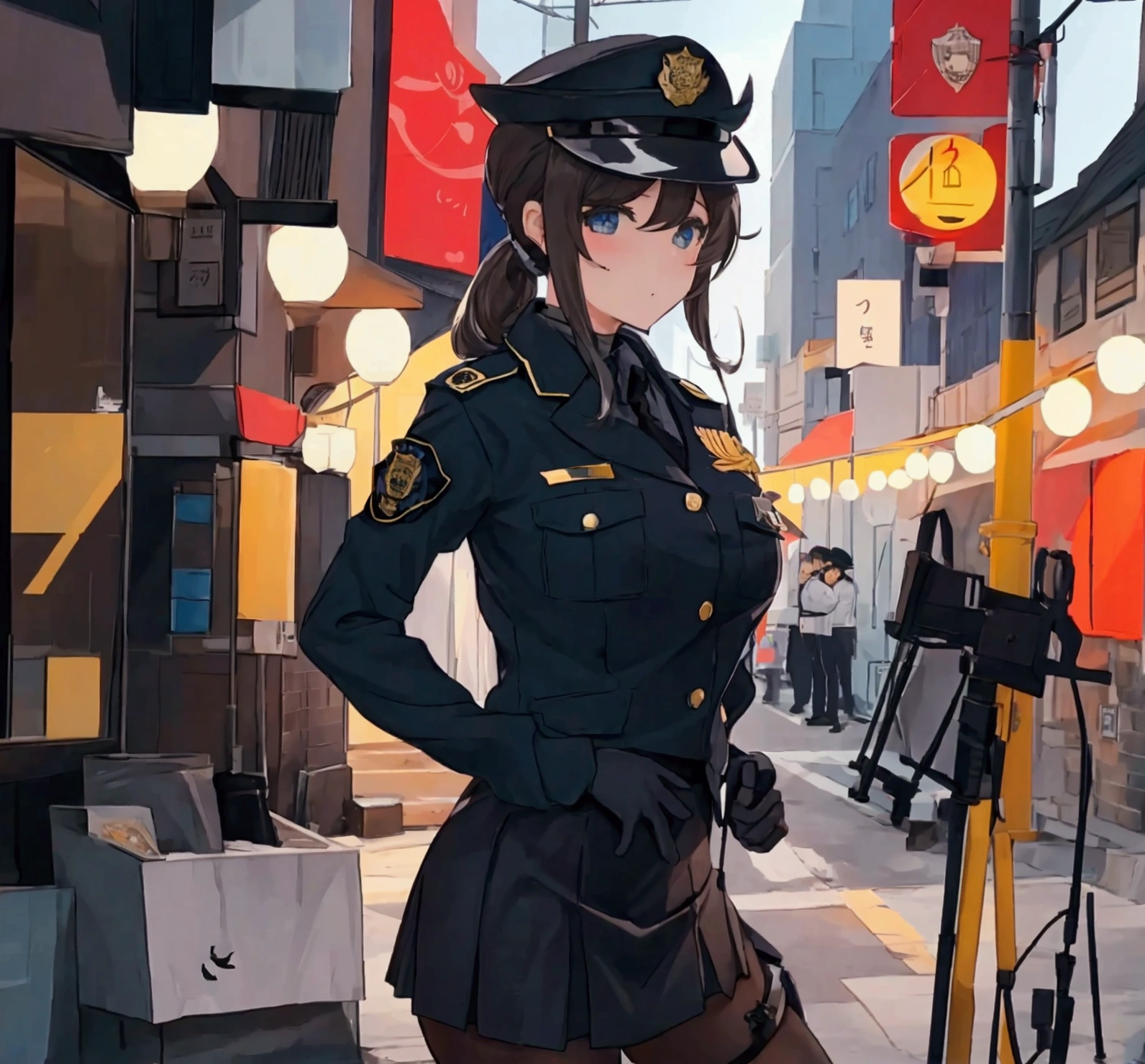 police，girl，Police Uniform，紧身Police Uniform，Hip skirt，Black silk tights，Black silk tights，Tight tights，high-heel boots，boots，Police hat，Police hat，Police badge，City background，Outdoor Background，Street background