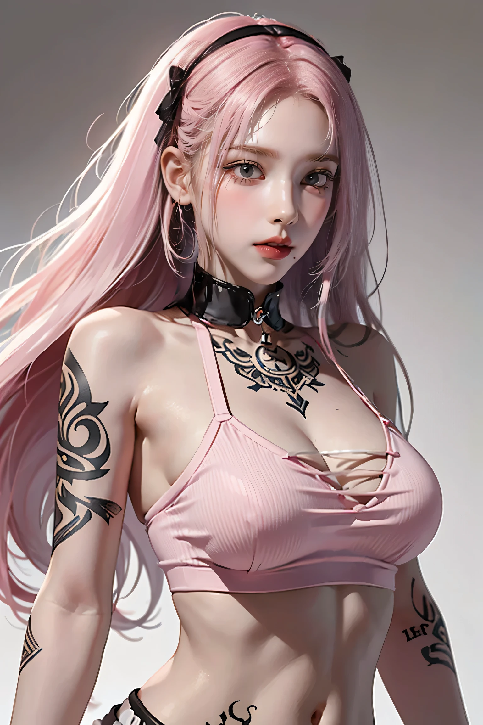 Pink Hair, Perfect Style, Beautiful Face, Highly detailed face and skin texture, (Maximum resolution: 1.2), 1 female, alone, Hip Up, jewelry, (((She has many tattoos all over her body)), Streetwear, I&#39;Exercising at the gym, Pink Hair, Shorts, Sports boots, (((Tight waist))), ((Big Breasts)),NSFW