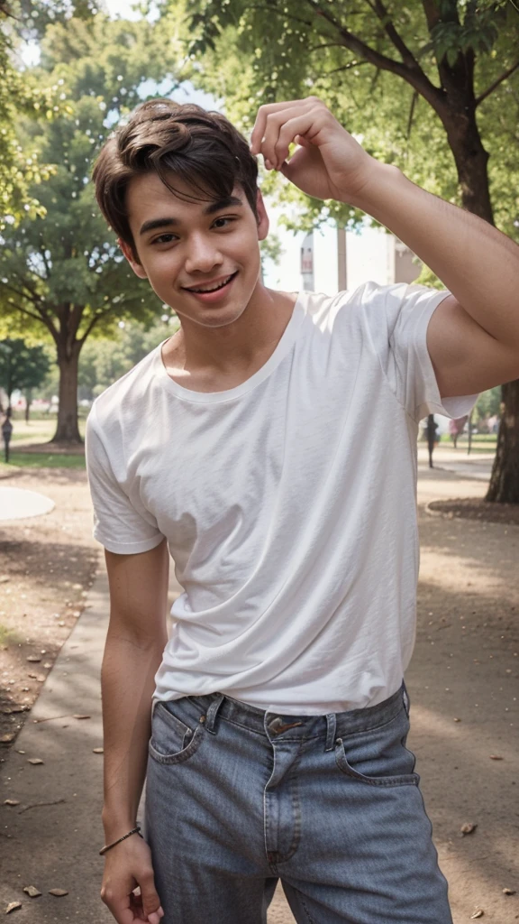 A selfie of a young man who took a photo in a park and appears happy in the photo, wearing a plain white t-shirt and sticking his tongue out.