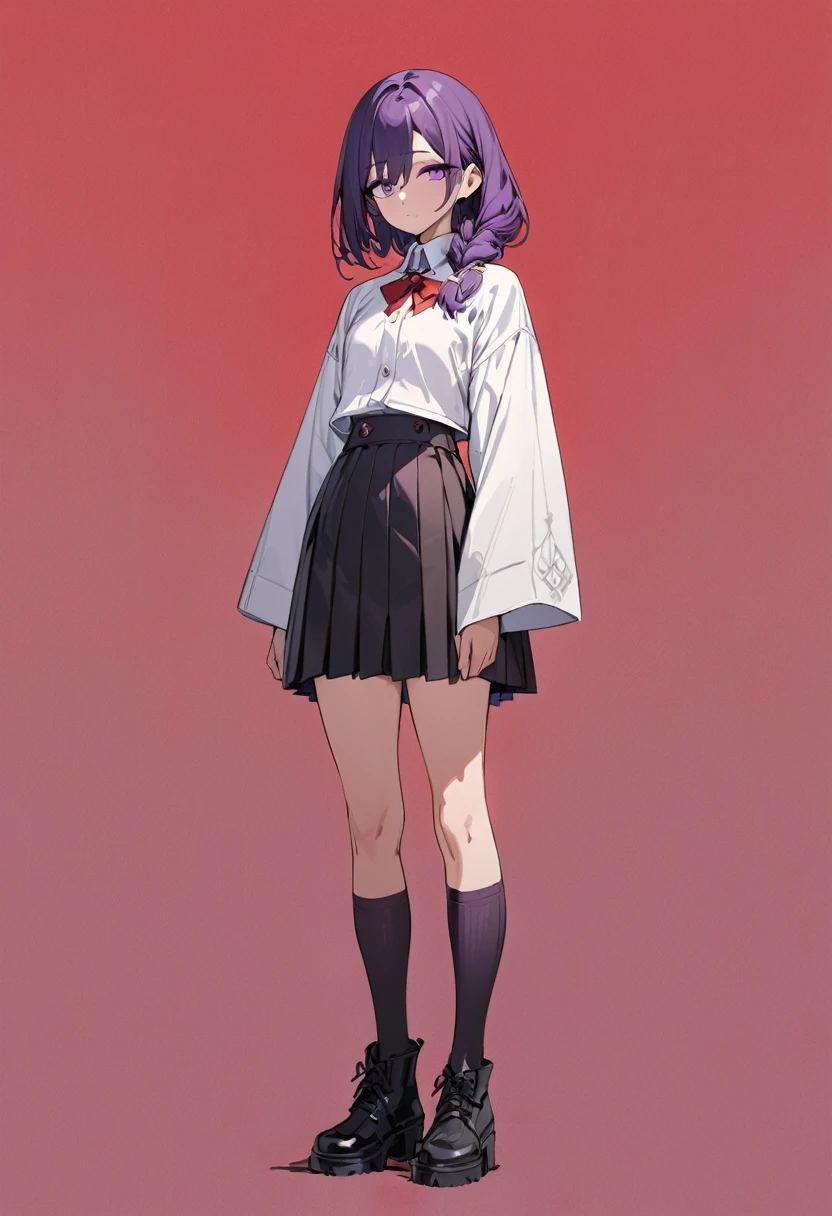 masterpiece, (bestquality), highlydetailed, cold, calm, gentle, expressionless, solo, (detailed eyes), (1 young woman), dark purple hair, very long single braid, (no hair ties), bright purple eyes, (white collared shirt with white furisode sleeves), thin red bow tie under the collar, (diamond-shaped pin on the front of the bow), (black high-waisted pleated skirt), dark purple high socks, black ankle boots, (simple earthy red background), (empty background), full body, standing