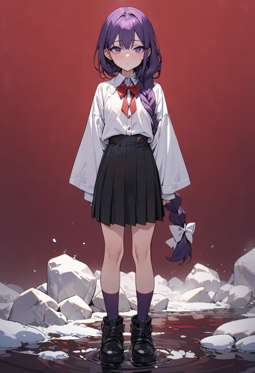 masterpiece, (bestquality), highlydetailed, cold, calm, gentle, expressionless, solo, (detailed eyes), (1 young woman), dark purple hair, very long single braid, (no hair ties), bright purple eyes, (white collared shirt with white furisode sleeves), thin red bow tie under the collar, (diamond-shaped pin on the front of the bow), (black high-waisted pleated skirt), dark purple high socks, black ankle boots, (simple earthy red background), (empty background), full body, standing