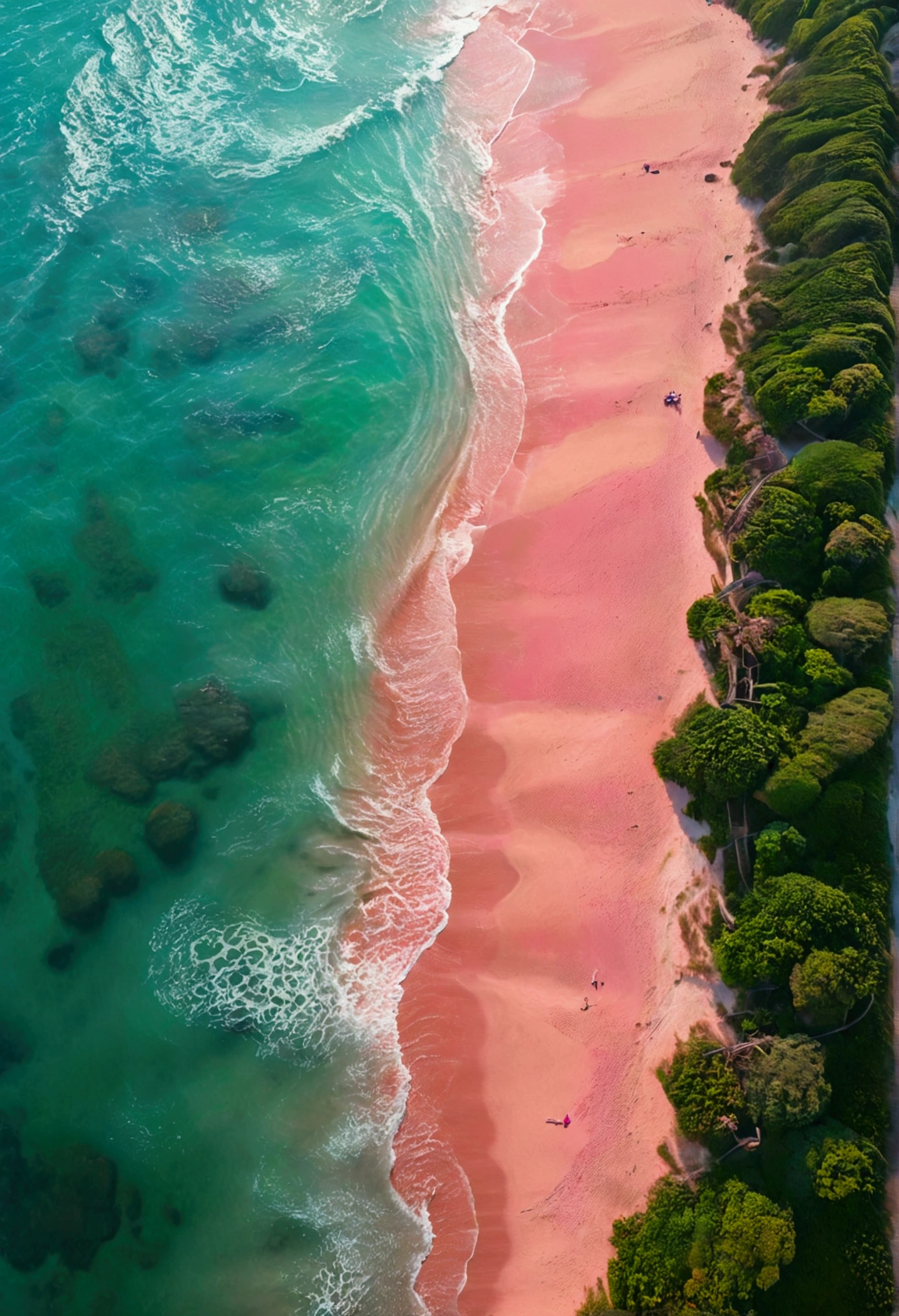 A beautiful beach landscape with a pink sand shore and a calm, green sea. The scene is devoid of people, capturing the serene and tranquil essence of the beach. The style is dreamy and aesthetic, with a focus on a high-quality, ultra-clear 8K resolution to bring out the vivid details and colors. The composition follows the golden ratio, with the beach occupying one-third of the image and the sea occupying two-thirds of the image, creating a harmonious and balanced visual