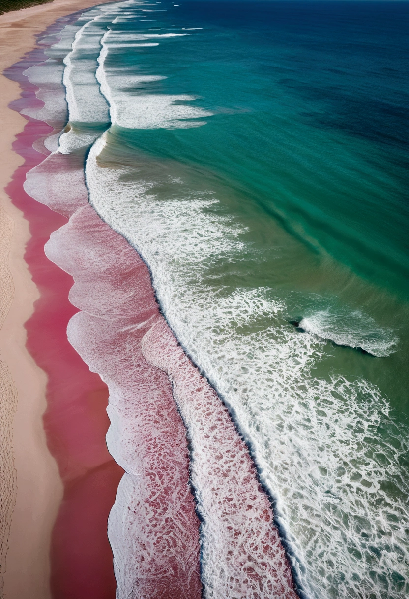 A beautiful beach landscape with a pink sand shore and a calm, green sea. The scene is devoid of people, capturing the serene and tranquil essence of the beach. The style is dreamy and aesthetic, with a focus on a high-quality, ultra-clear 8K resolution to bring out the vivid details and colors. The composition follows the golden ratio, with the beach occupying one-third of the image and the sea occupying two-thirds of the image, creating a harmonious and balanced visual