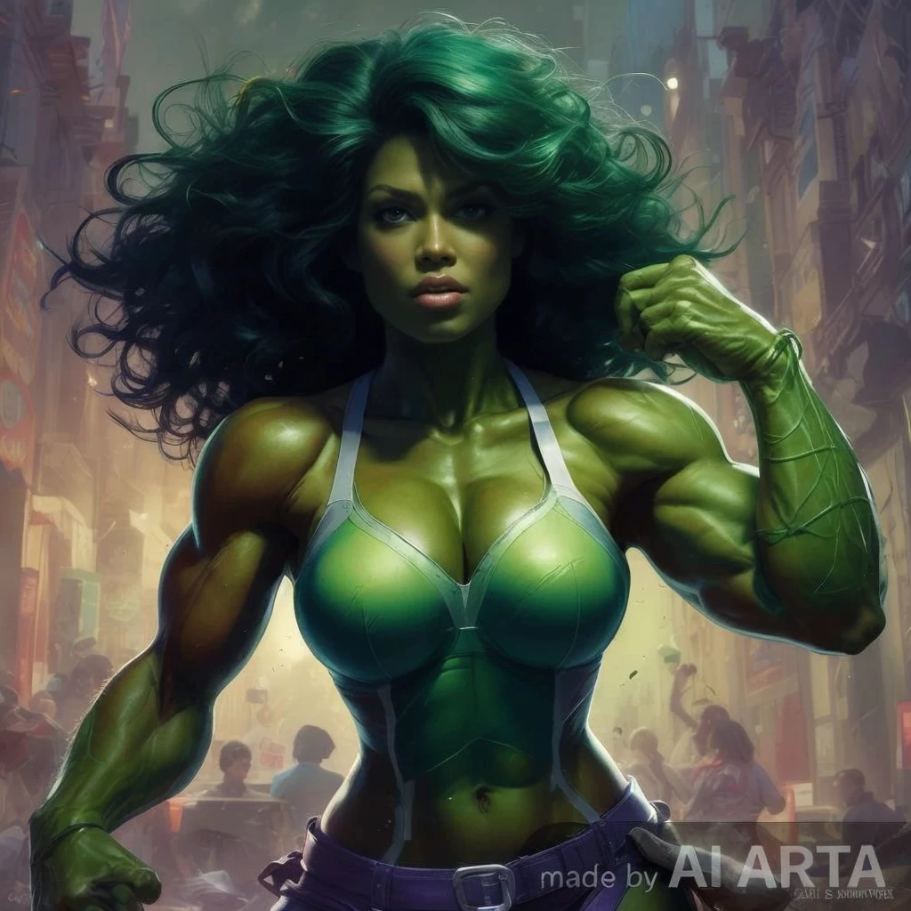 score_9, score_8_up, score_7_up, expressiveh, 1girl, solo, SHE HULK, green skin, nude, huge breast, glossy lips, colorful eyes, , thick thighs, nipples, highly detailed, abs, looking at the viewer, thigh strap, milf, , pussy, flexing musceles, sweat, nude