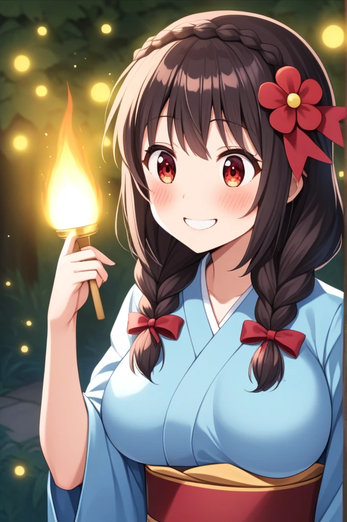 alone, One girl、Crown braids in the same color as your hair, hair ornaments, Hair Ribbon,(A light blue kimono with a red floral pattern and a red obi.)、Red Eyes、Black Hair、(blush:1.urprised smile:1.6)、Larger breasee a lot of fireflies at night)