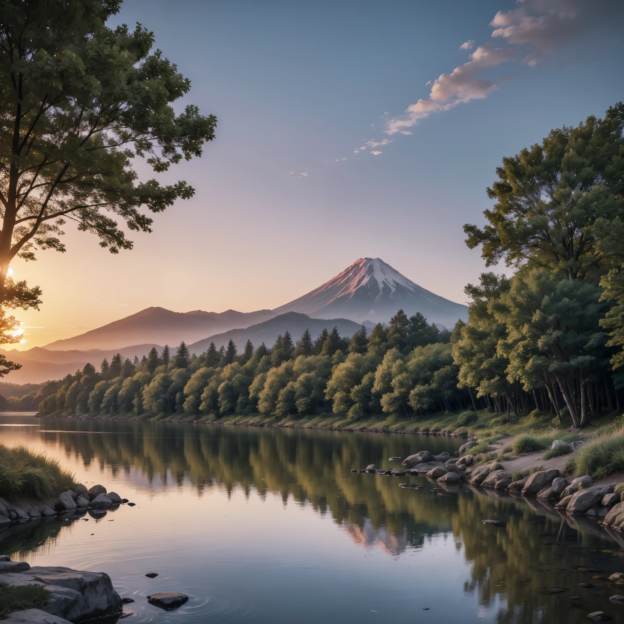 Create an ultra-realistic image of a breathtaking sunset over a serene river. The scene should feature a calm river reflecting the vibrant colors of the setting sun, creating a mesmerizing blend of oranges, pinks, and purples in the sky. Along the riverbank, include a group of various animals peacefully drinking from the water. A majestic deer should be prominently visible, with its graceful antlers highlighted by the soft, golden light.
The landscape should be lush and verdant, with large, frondous trees providing a canopy of green over the river. Their leaves should be gently rustling in the evening breeze. In the distance, include a range of mountains with a few active volcanoes, gently emitting plumes of smoke that blend with the twilight sky.
The overall atmosphere should evoke a sense of tranquility and harmony with nature, showcasing the peaceful coexistence of wildlife in a stunning natural setting. The water should be crystal clear, reflecting the surrounding beauty, and small details like ripples in the water and the texture of the tree bark should be meticulously rendered to enhance realism.