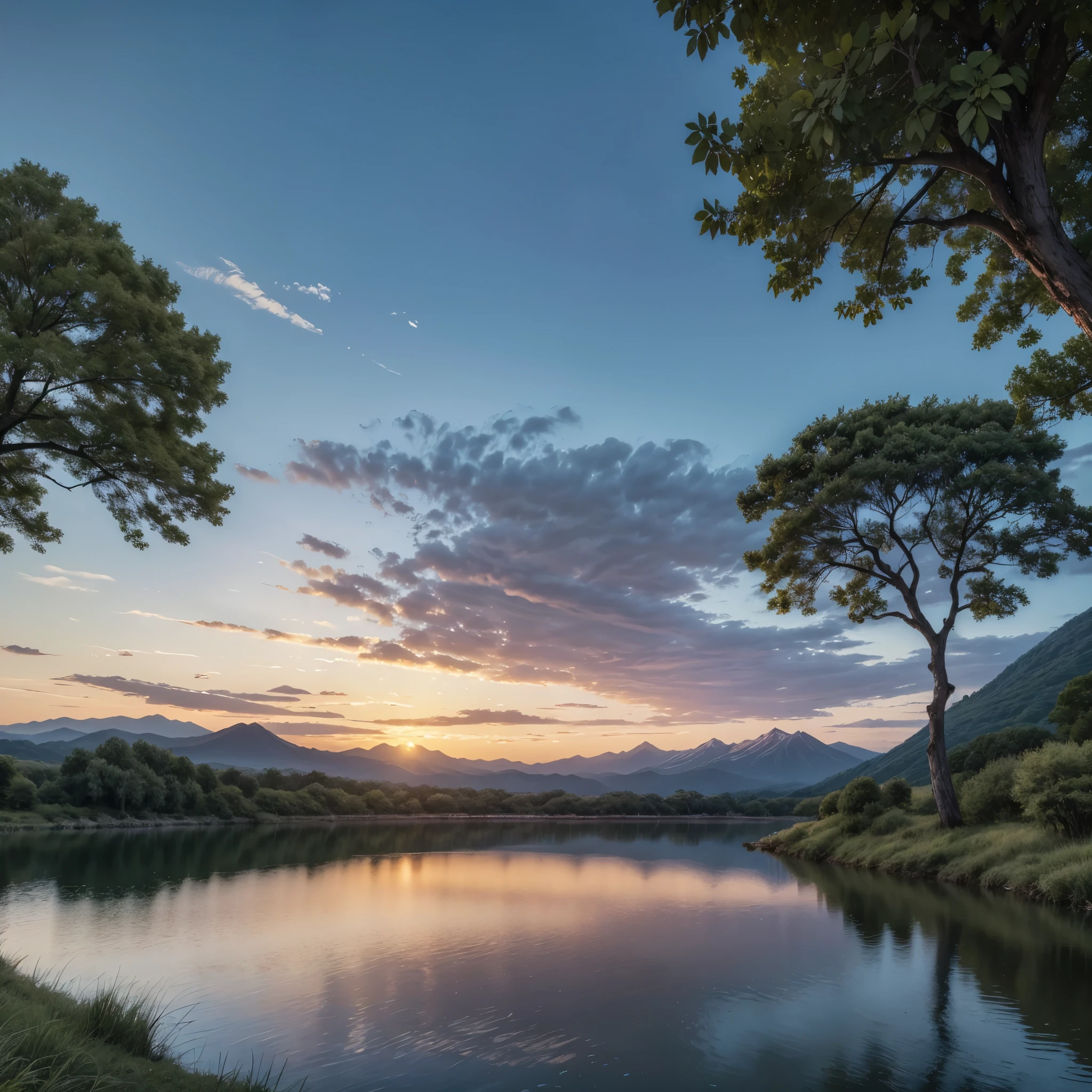 Create an ultra-realistic image of a breathtaking sunset over a serene river. The scene should feature a calm river reflecting the vibrant colors of the setting sun, creating a mesmerizing blend of oranges, pinks, and purples in the sky. Along the riverbank, include a group of various animals peacefully drinking from the water. A majestic deer should be prominently visible, with its graceful antlers highlighted by the soft, golden light.

The landscape should be lush and verdant, with large, frondous trees providing a canopy of green over the river. Their leaves should be gently rustling in the evening breeze. In the distance, include a range of mountains with a few active volcanoes, gently emitting plumes of smoke that blend with the twilight sky.

The overall atmosphere should evoke a sense of tranquility and harmony with nature, showcasing the peaceful coexistence of wildlife in a stunning natural setting. The water should be crystal clear, reflecting the surrounding beauty, and small details like ripples in the water and the texture of the tree bark should be meticulously rendered to enhance realism.