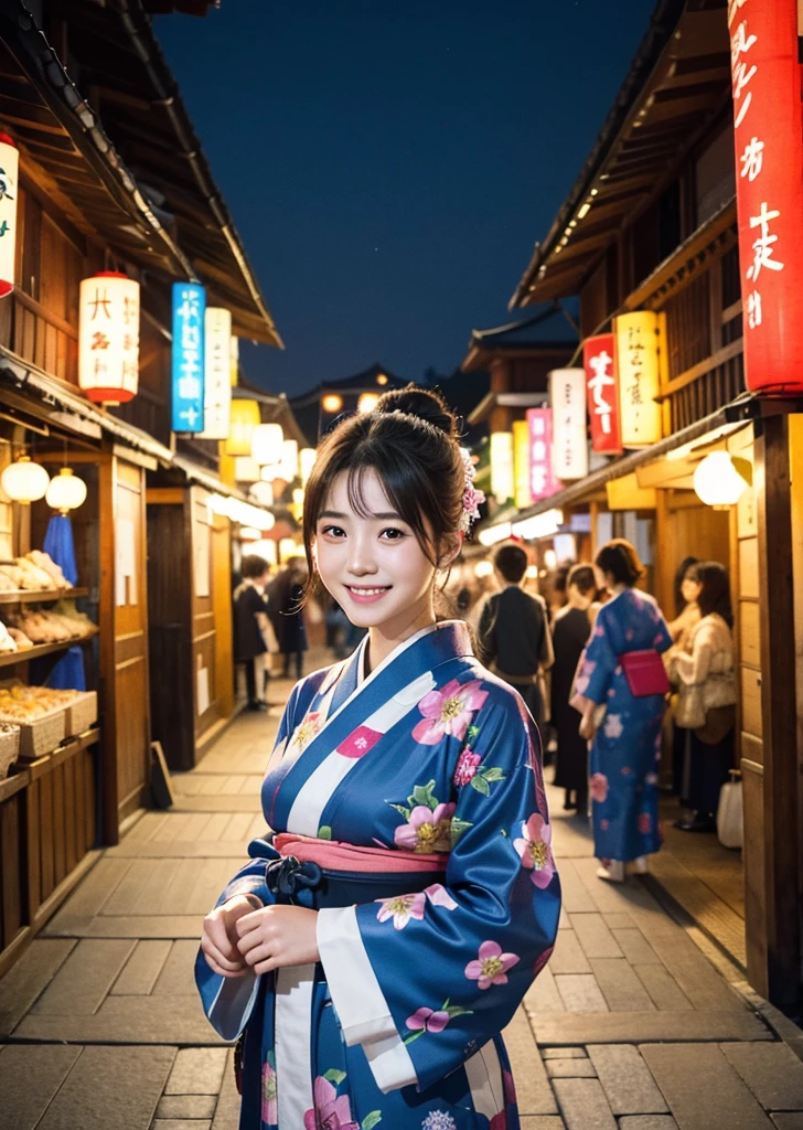 Diffuse lighting、 Highest quality, High resolution, ユニティ 8K 壁紙、Supersaturation, Colorful, 8K resolution, 1 female、Japanese、23 years old、Close-up portrait、Adorable, smile、looks fun、Japanese Yukata、 (((masterpiece))), Highest quality, 8K,During a lively summer festival, Vibrant colors, Details of traditional festival costumes, Colorful yukata and happi coats, A fun and lively expression, Festival Stalls, Night view with shining lanterns, Realistic, Intricate details, Dynamic configuration, Capturing the Essence of Japan's Summer Festivals, High resolution, Cowboy Shot