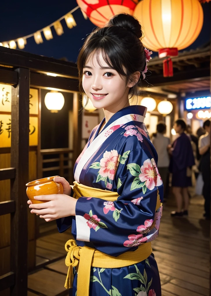Diffuse lighting、 Highest quality, High resolution, ユニティ 8K 壁紙、Supersaturation, Colorful, 8K resolution, 1 female、Japanese、23 years old、Close-up portrait、Adorable, smile、looks fun、Japanese Yukata、 (((masterpiece))), Highest quality, 8K,During a lively summer festival, Vibrant colors, Details of traditional festival costumes, Colorful yukata and happi coats, A fun and lively expression, Festival Stalls, Night view with shining lanterns, Realistic, Intricate details, Dynamic configuration, Capturing the Essence of Japan's Summer Festivals, High resolution, Cowboy Shot